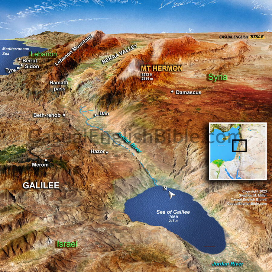 Bible map of Damascus, Hamath, Tyre, and Sidon, which are cities and kingdoms doomed to fall, according to Zechariah's prophecy in Zechariah 9.