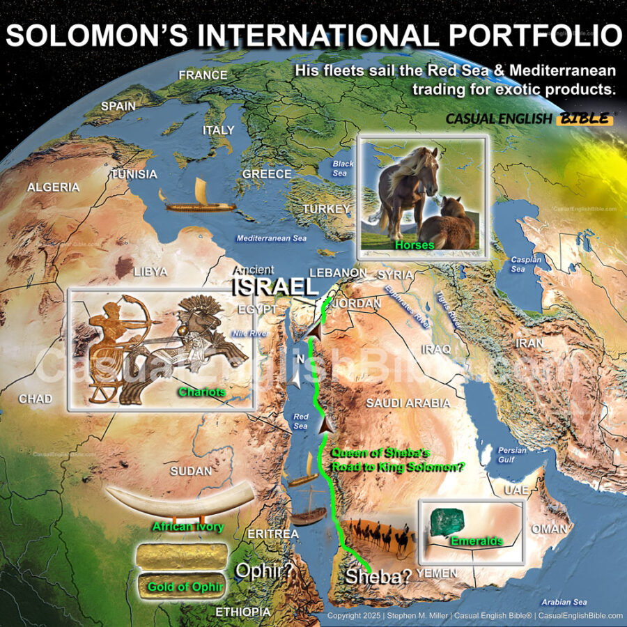 Map of King Solomon's international destinations for trading to get exotic products, gold, and jewels.
