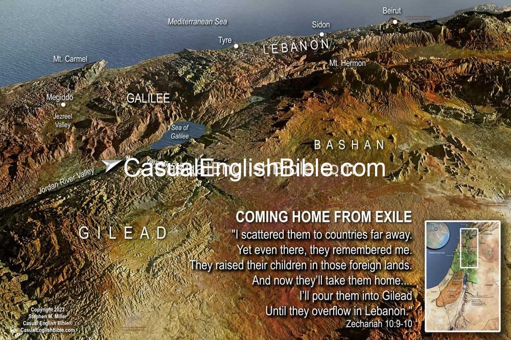 Bible map Gilead. God promises to bring exiled Jews home. He says they'll fill up the region of Gilead and overflow into Lebanon. Bible map Gilead. God promises to bring exiled Jews home. He says they'll fill up the region of Gilead and overflow into Lebanon.
