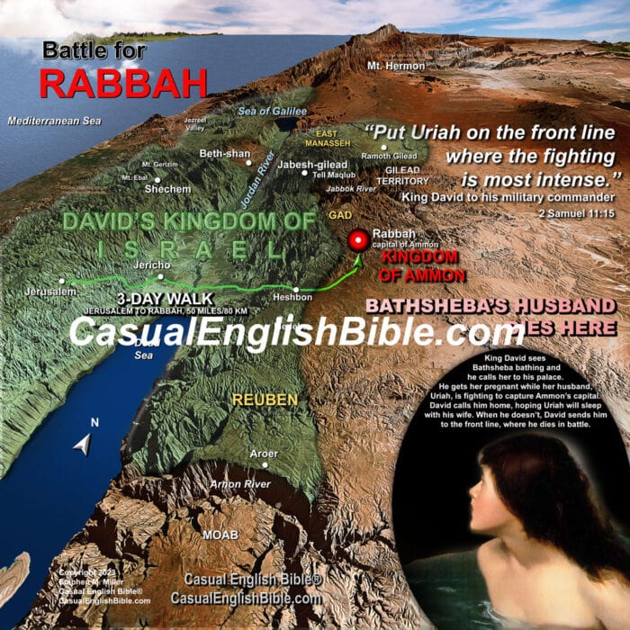 Map of the battle to which King David sent Bathsheba's husband to his death. 3D Bible map for Casual English Bible.  