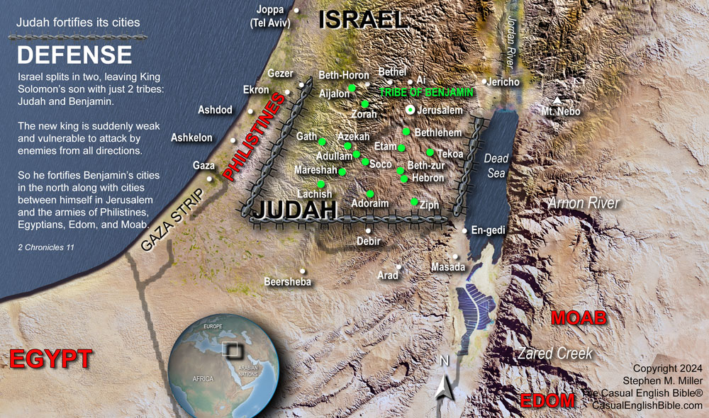 Bible map of cities King Jeroboam fortified to protect Judah. Casual English Bible. Bible map of cities King Jeroboam fortified to protect Judah. Casual English Bible.