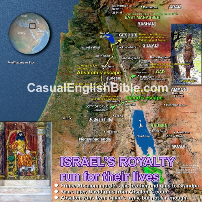 3D Bible map tracking the flights of Prince Absalom and later King David during a coup.
