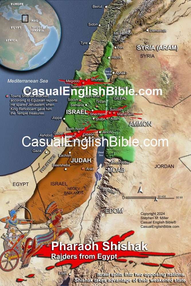Map of Pharaoh Shishak's campaign against Israel and Judah in 926 BC Map of Pharaoh Shishak's campaign against Israel and Judah in 926 BC
