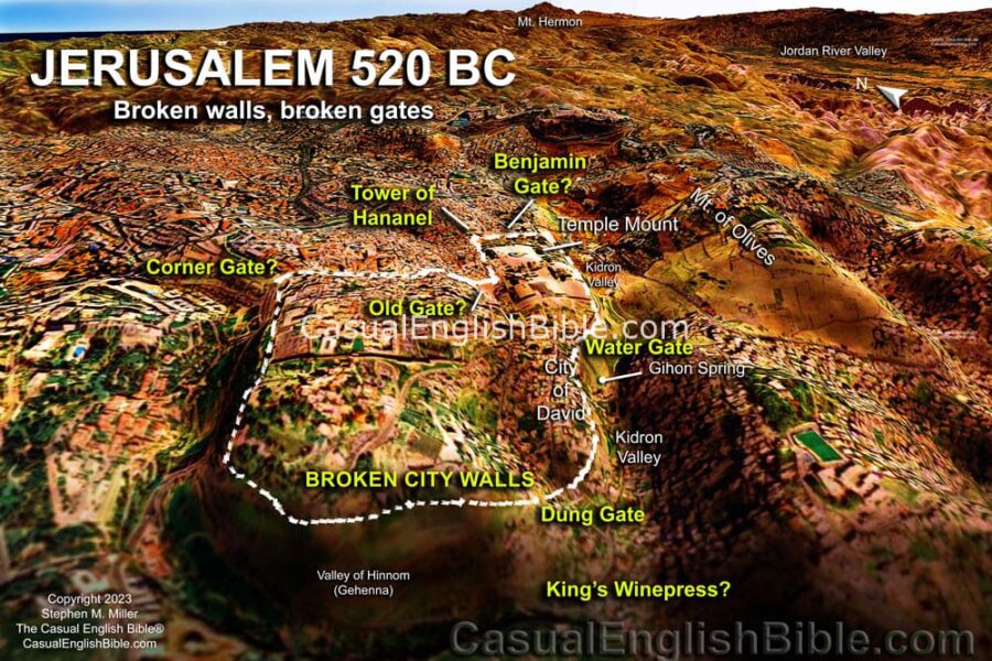 Map of city gates of Jerusalem in 520 BC, when the walls were still broken from war.