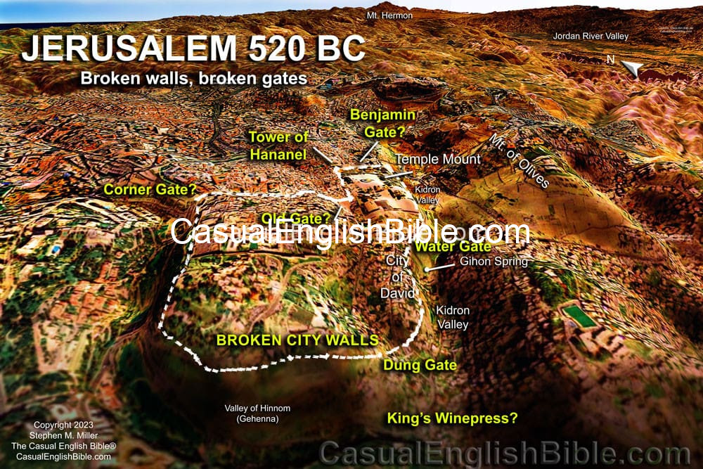 Map of city gates of Jerusalem in 520 BC, when the walls were still destroyed from a war. Map of city gates of Jerusalem in 520 BC, when the walls were still destroyed from a war.
