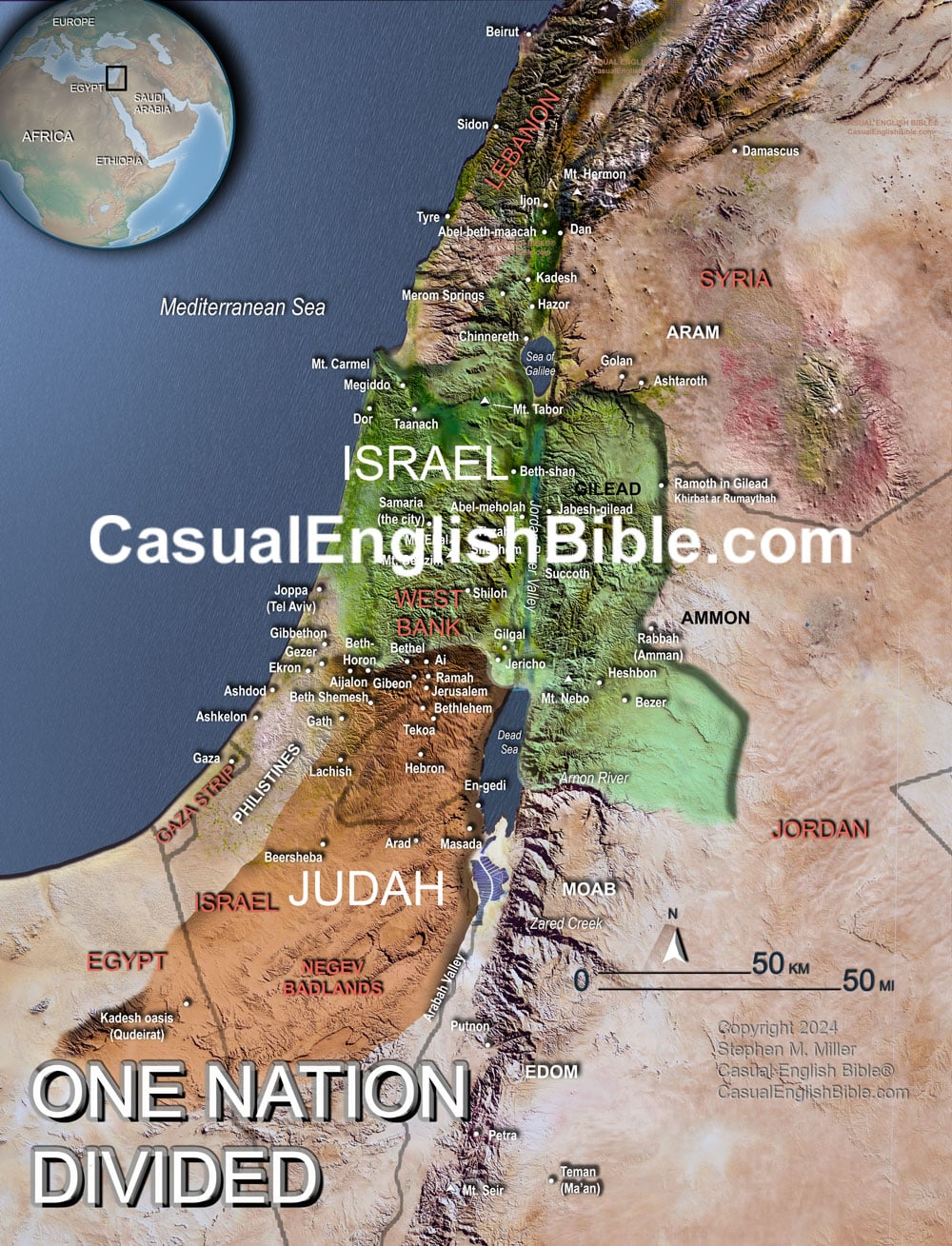 Map of Israel and Judah after they split into separate kingdoms. For the Casual English Bible.