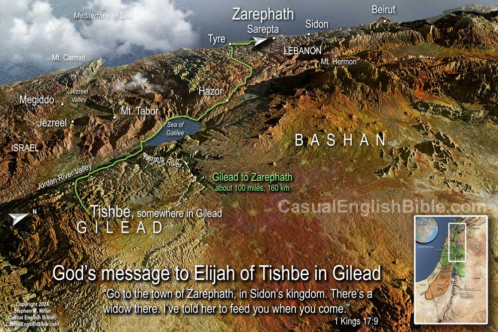 Map of Elijah's possible route from Gilead to Zarephath. For the Casual English Bible.
