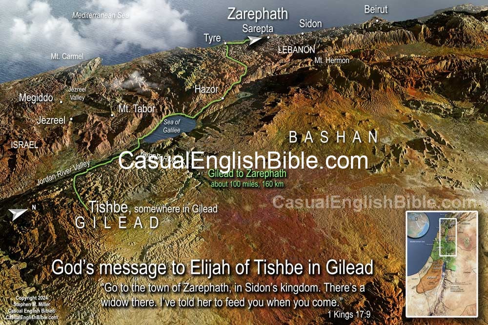 Map of Elijah's possible route from Gilead to Zarephath. For the Casual English Bible. Map of Elijah's possible route from Gilead to Zarephath. For the Casual English Bible.