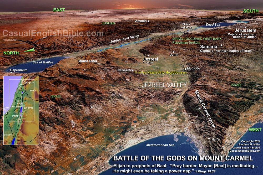 3d Bible map of Mount Carmel and the Jezreel Valley. For the Casual English Bible.