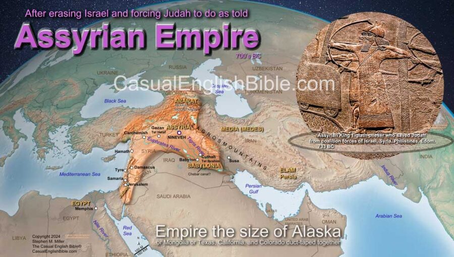 Ancient Assyrian Empire highlighted on a map showing its extent after erasing Israel, with a reference to the Assyrian King Tiglath-Pileser who saved Judah from coalition forces, circa 733 BC.
