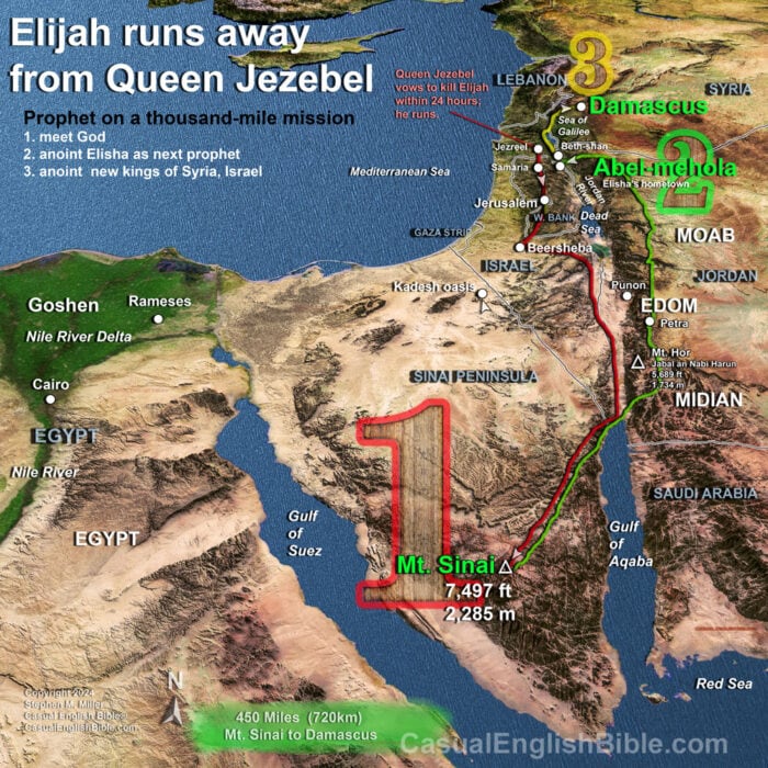 3d Bible map of Elijah running away from Jezebel. For The Casual English Bible