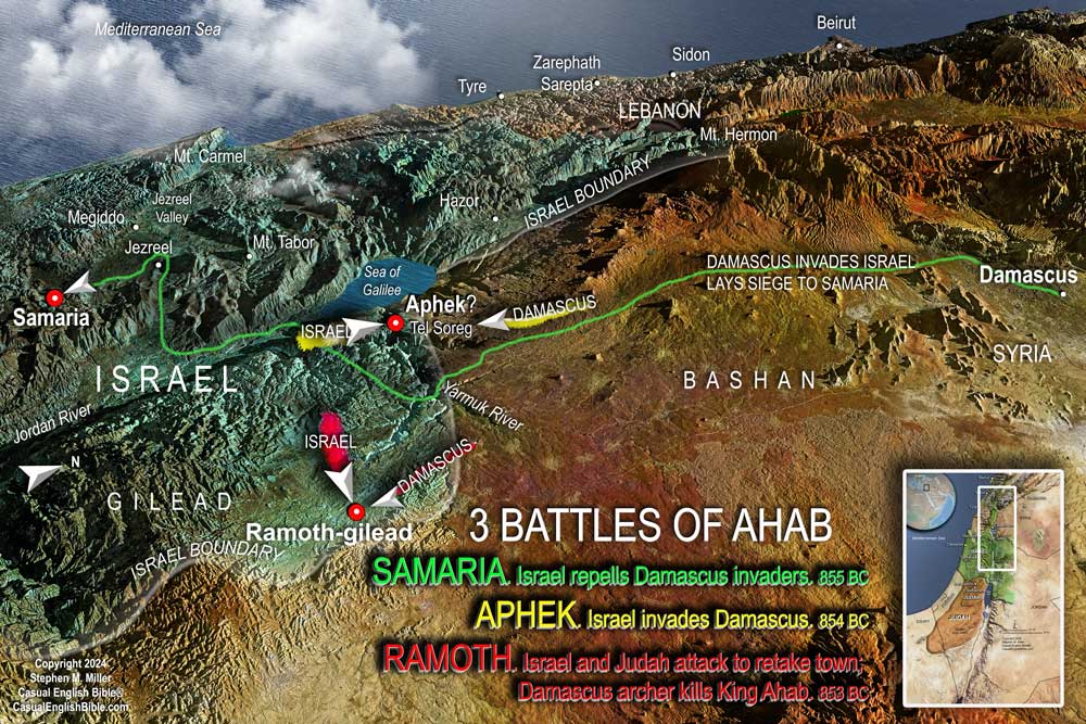 3D Bible map of King Ahab's battles with Syrian King Ben-Hadad. For The Casual English Bible.