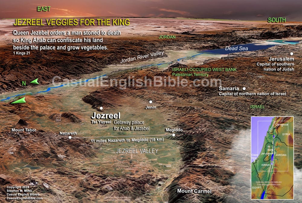 3d Bible map of Jezreel where Ahab and Jezebel had a second palace. For Casual English Bible.