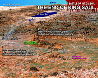 Bible map of the death of King Saul and sons in the Battle of Mount Gilboa.
