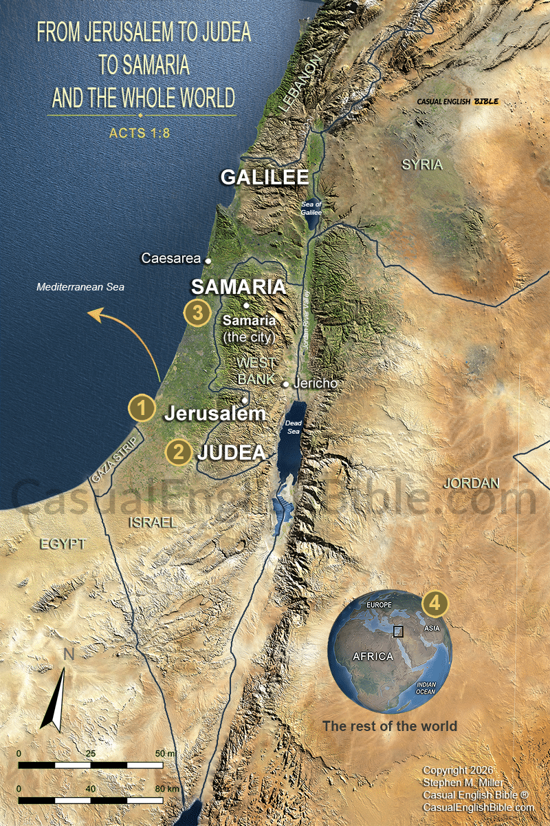 Map for Acts 1 of Jerusalem, Judea, Samaria. Copyright Stephen M. Miller Inc.