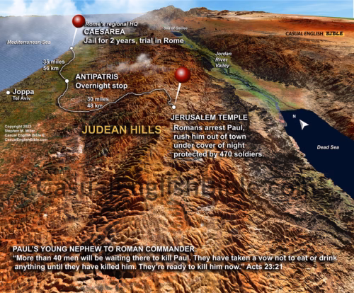 map of Roman army escorting Paul to Caesarea