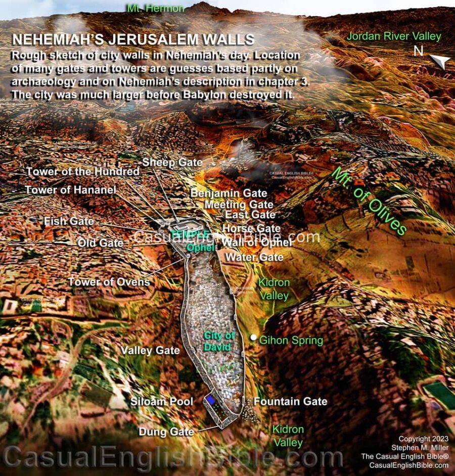 Map of walls and gates of Jerusalem in Nehemiah's time