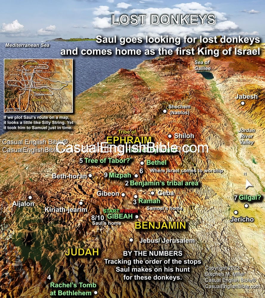Bible map of Saul hunting his lost donkeys, for The Casual English Bible Bible map of Saul hunting his lost donkeys, for The Casual English Bible