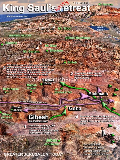 Map of King Saul's retreat from Philistines in 1 Samuel 13 for Casual English Bible
