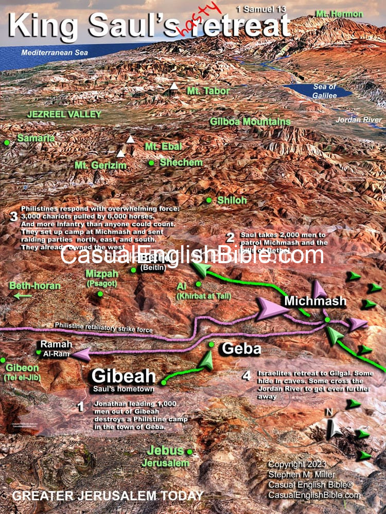 Map of King Saul's retreat from Philistines in 1 Samuel 13 for Casual English Bible Map of King Saul's retreat from Philistines in 1 Samuel 13 for Casual English Bible