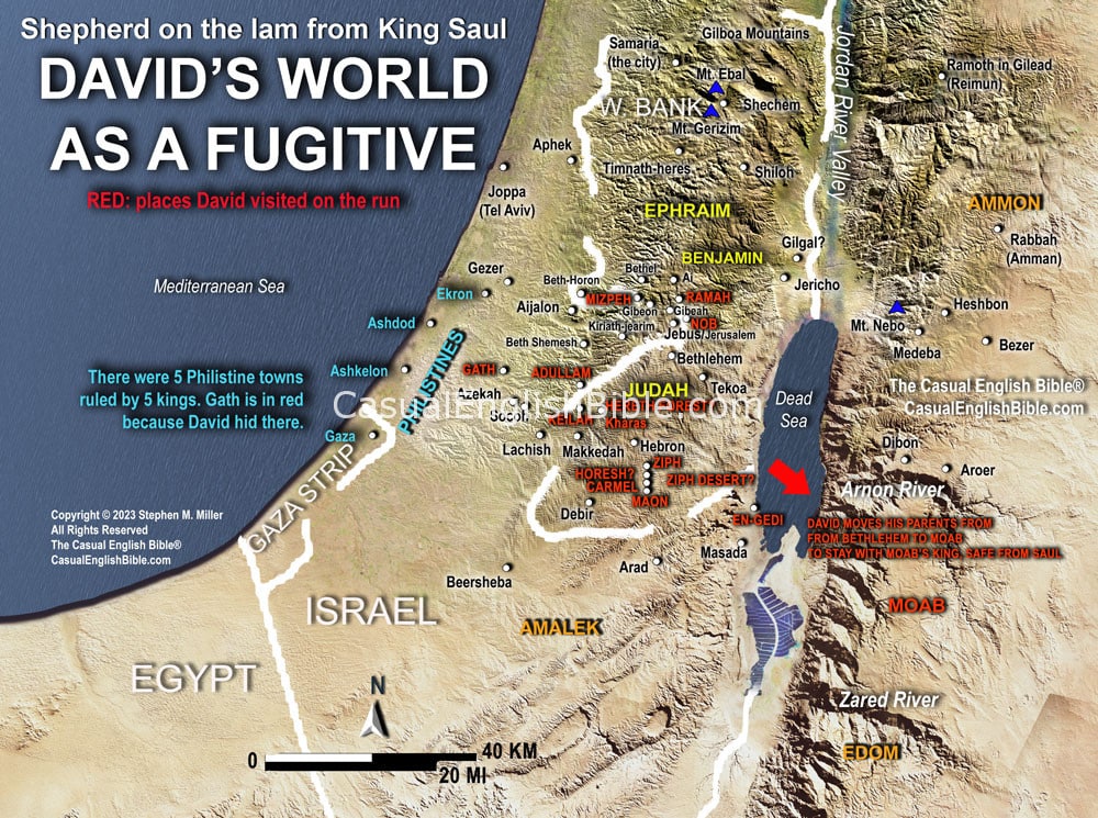 Bible map of the places David stayed when he hid from King Saul as a fugitive. For The Casual English Bible.
