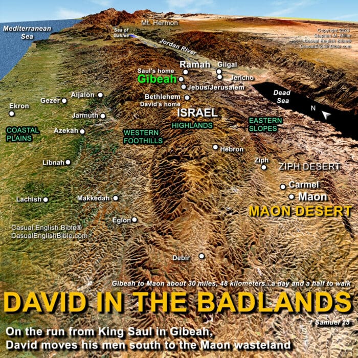 Bible map of David in Maon Desert for 1 Samuel 25 for The Casual English Bible.