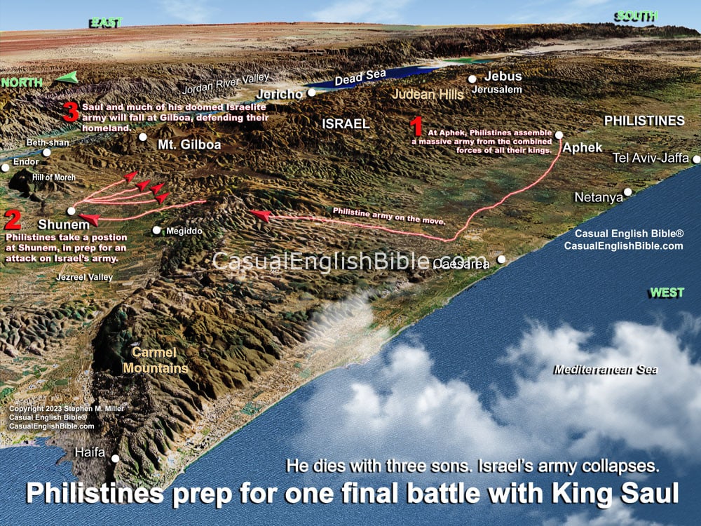 3d Bible map of Philistines leaving Aphek to destroy King Saul's army at Mount Gilboa. For The Casual English Bible.