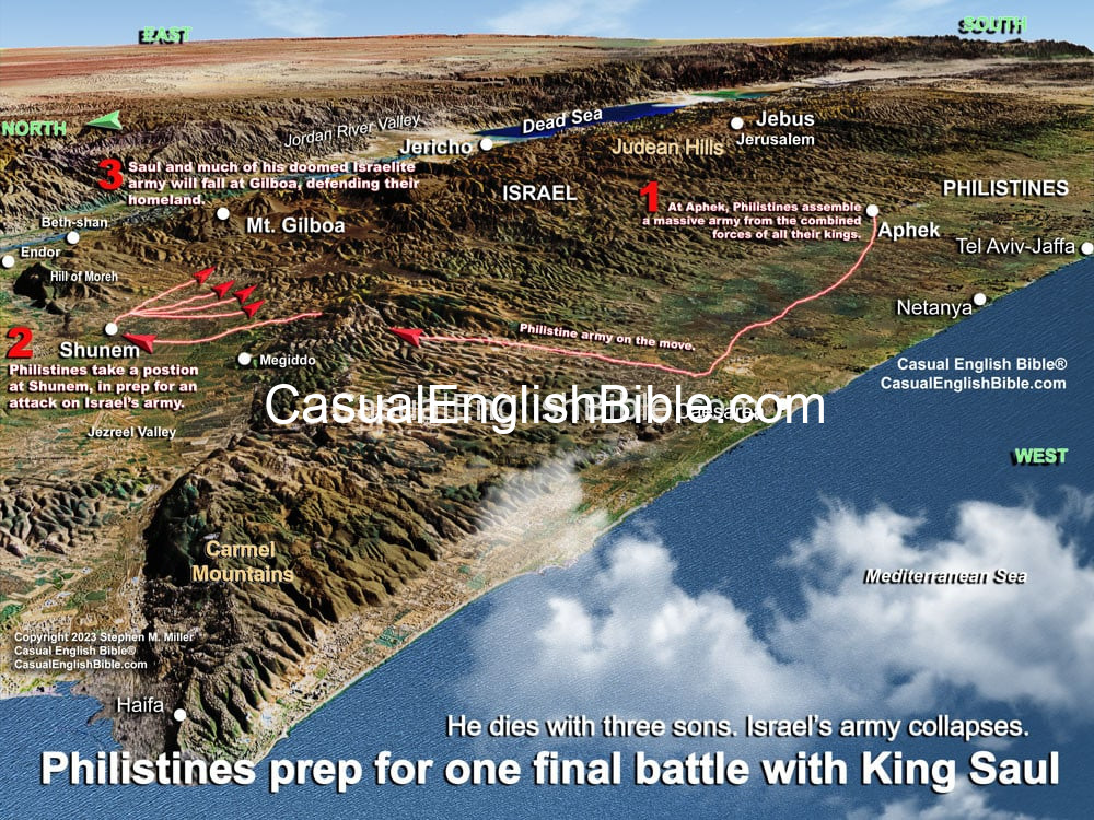 3d Bible map of Philistines leaving Aphek to destroy King Saul's army at Mount Gilboa. For The Casual English Bible. 3d Bible map of Philistines leaving Aphek to destroy King Saul's army at Mount Gilboa. For The Casual English Bible.