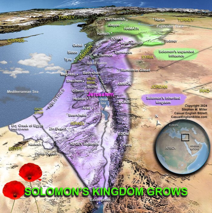 3d Map of Solomon's kingdom at the beginning of his reign and at the end. For the Casual English Bible.