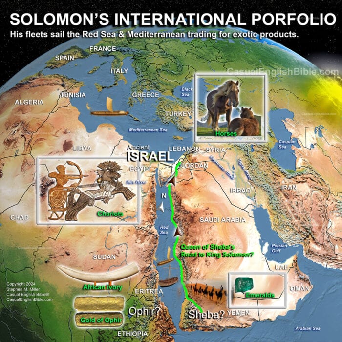 Map of King Solomon's international destinations for trading to get exotic products, gold, and jewels. For the Casual English Bible