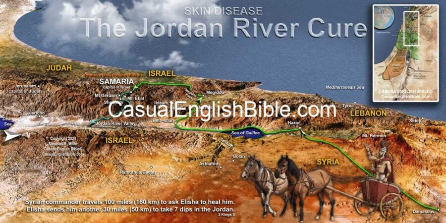 Map of Syrian commander traveling from Damascus to Samaria to the Jordan River to get healed of a skin disease.
