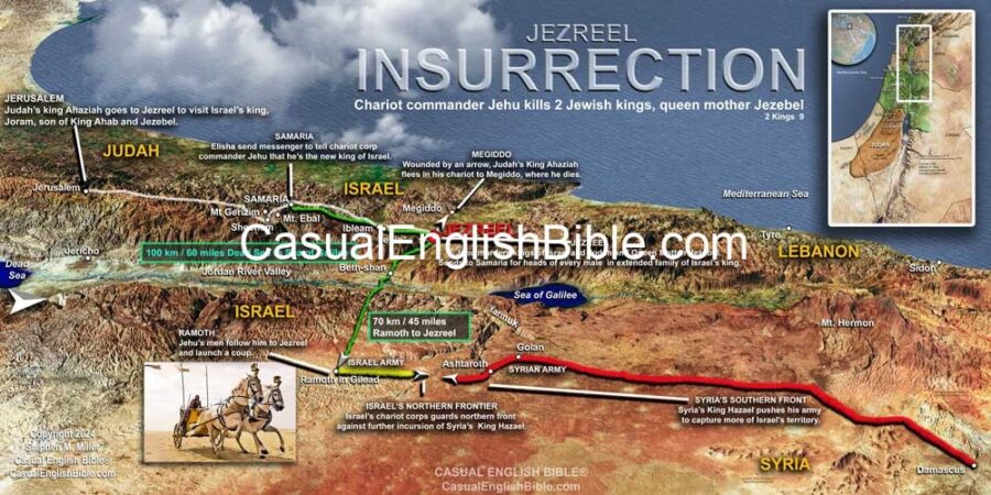 Fast biblical map showing Israel, surrounding countries, key locations, and biblical events like the conquest of Jericho and the Syrian army's advance.