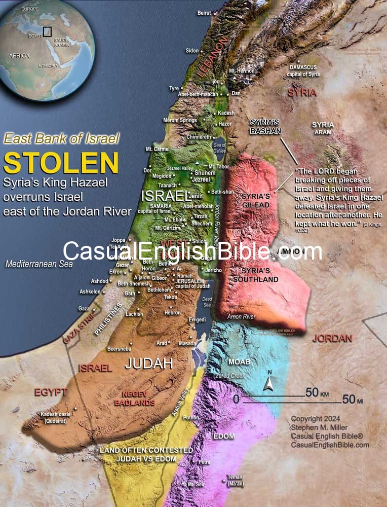 Map of land Syria stole from Israel, east of the Jordan River. Casual English Bible Map of land Syria stole from Israel, east of the Jordan River. Casual English Bible
