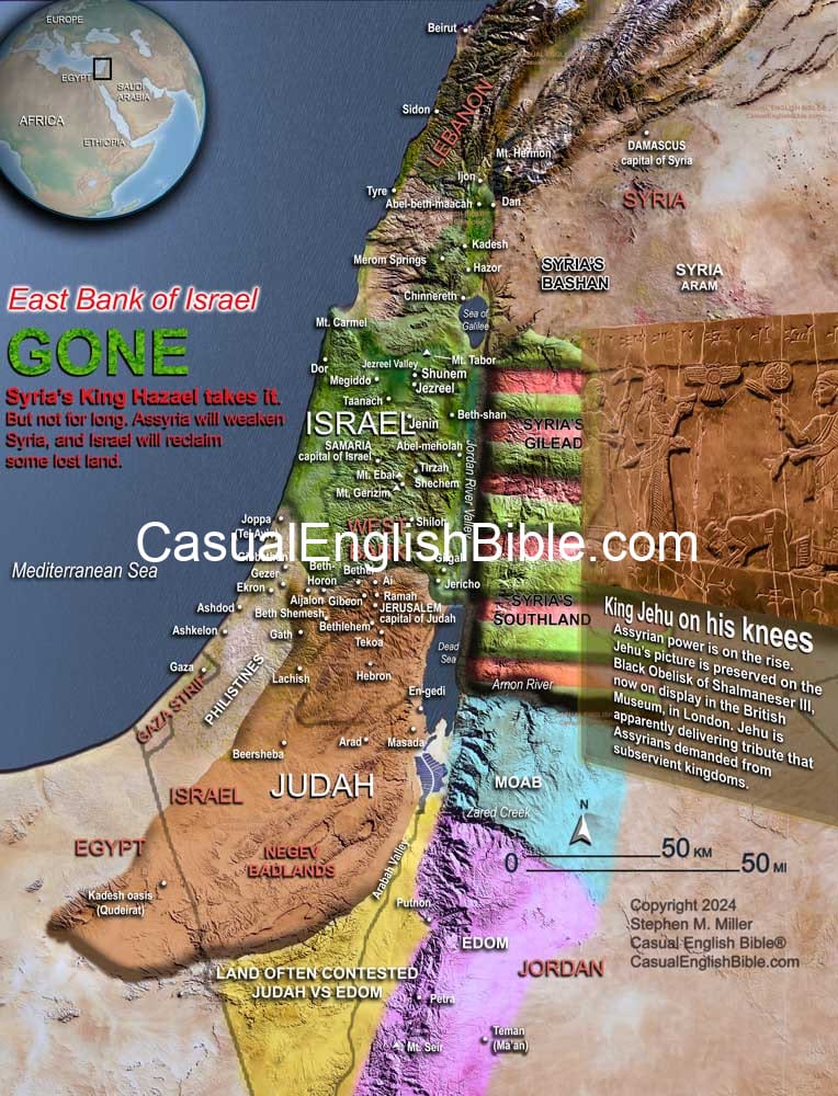 Map of Israel's King Jehu bowing to Assyria. Casual English Bible Map of Israel's King Jehu bowing to Assyria. Casual English Bible