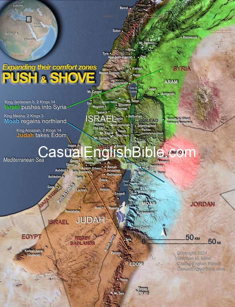 3D Bible map of land Israel and Judah take from Syria and Edom. Moab regains territory north. Casual English Bible 3D Bible map of land Israel and Judah take from Syria and Edom. Moab regains territory north. Casual English Bible