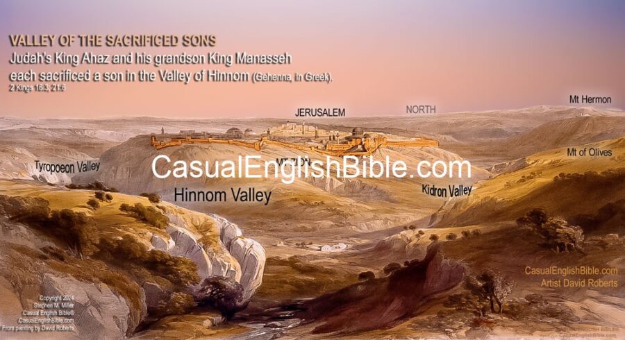 Painting of Jerusalem and valleys Kidron, Hinnom (Gehenna) for the Casual English Bible
