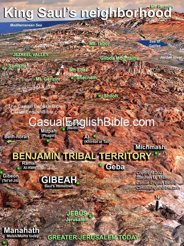3d map of King Saul's home of Gibeah and surrounding towns. Casual English Bible map by Stephen M. Miller. 3d map of King Saul's home of Gibeah and surrounding towns. Casual English Bible map by Stephen M. Miller.