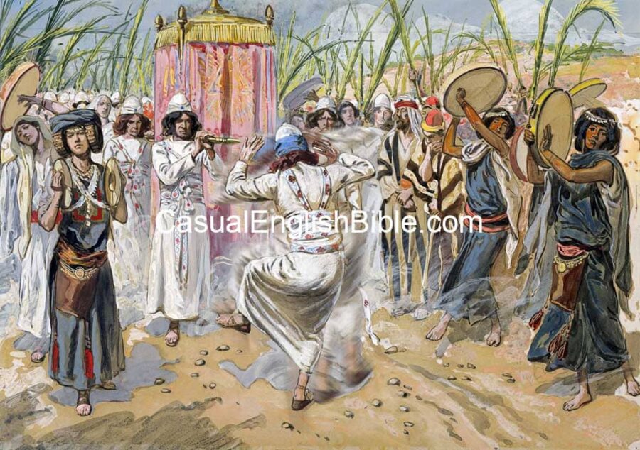 King David dances before the Ark of the Covenant chest that held the stone tablets with the Ten Commandments. For the Casual English Bible.