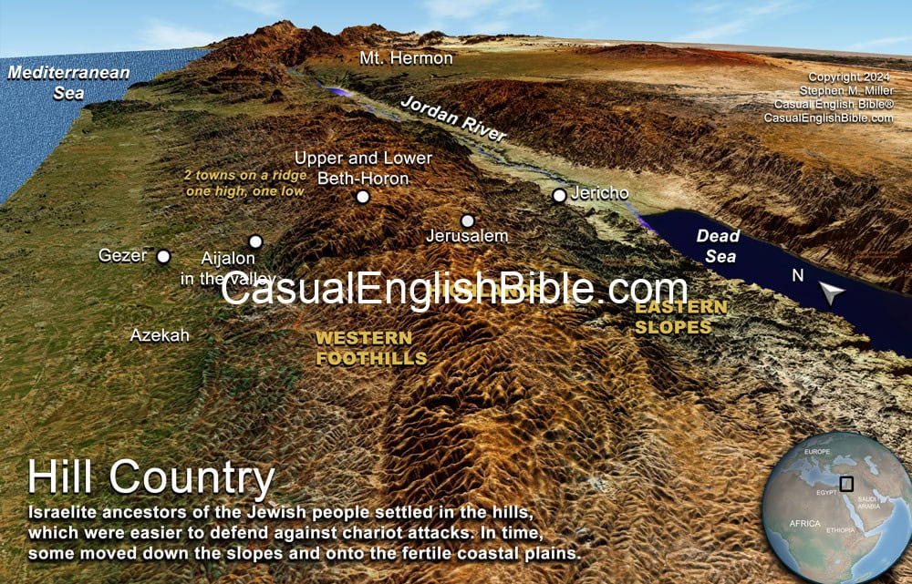 3D style map of hills where Israelites settled. Casual English Bible. 3D style map of hills where Israelites settled. Casual English Bible.