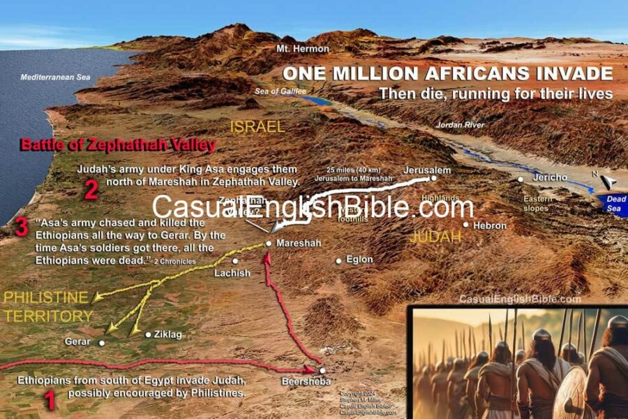 Casual English Bible map of the Battle of Zephathah Valley near Mareshah.