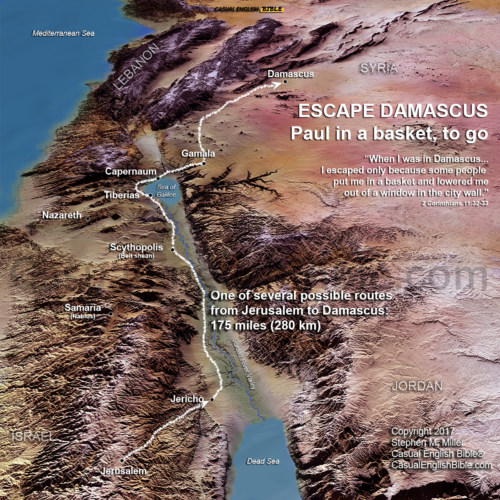 Scenic map of ancient route from Jerusalem to Damascus highlighting biblical sites and regions in modern-day Israel, Jordan, and Syria.