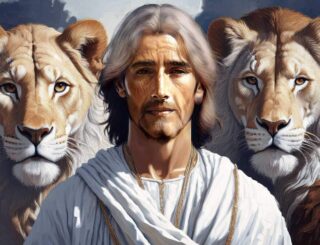 Painting of young Daniel standing between two lions. This is banner art for the Casual English Bible. Copyright Casual English Bible.