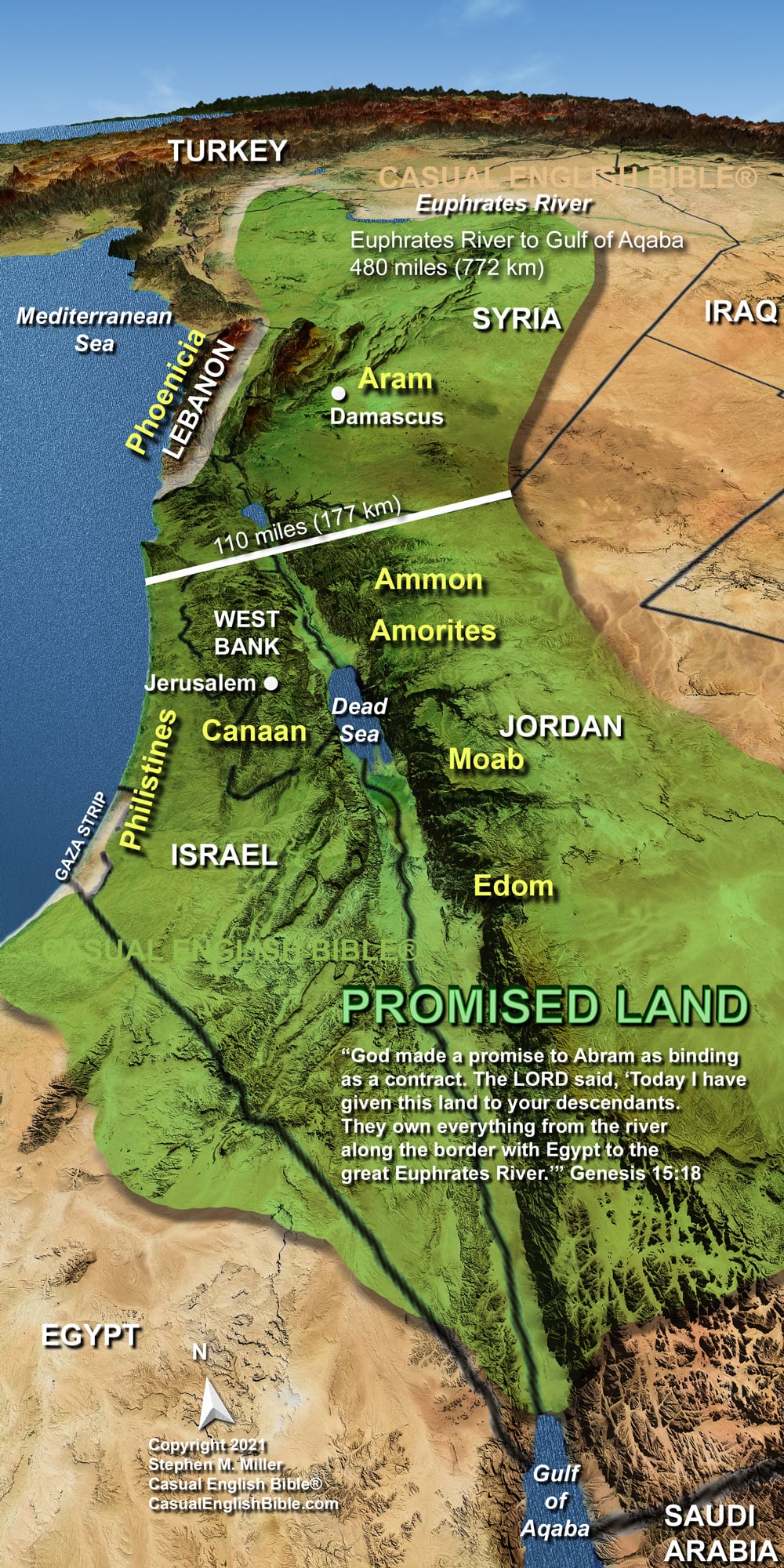 Euphrates River flowing from Turkey through Syria and Iraq, key geographical feature highlighted on the Casual English Bible map of biblical lands.
