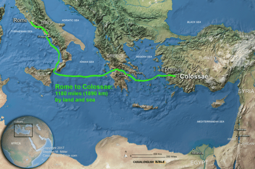 Colossians 4 map of the route from Rome to Colossae. For The Casual English Bible.