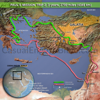PAUL'S MISSION TRIP 2 map showing his 3-year, 2700-mile journey from Jerusalem to Greece and Turkey, highlighting key biblical locations and routes.