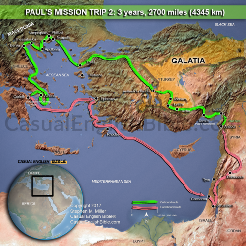 PAUL'S MISSION TRIP 2 map showing his 3-year, 2700-mile journey from Jerusalem to Greece and Turkey, highlighting key biblical locations and routes.