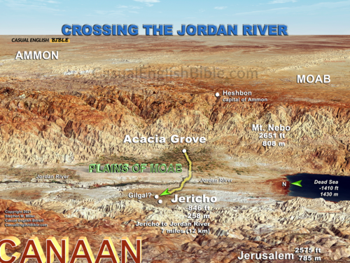 Casual English Bible map of Joshua's route across the Jordan River into Promised Land