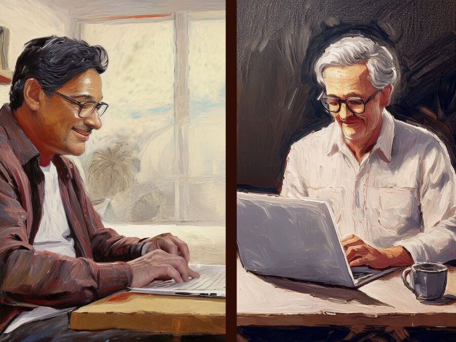 art of 2 men emailing each other.