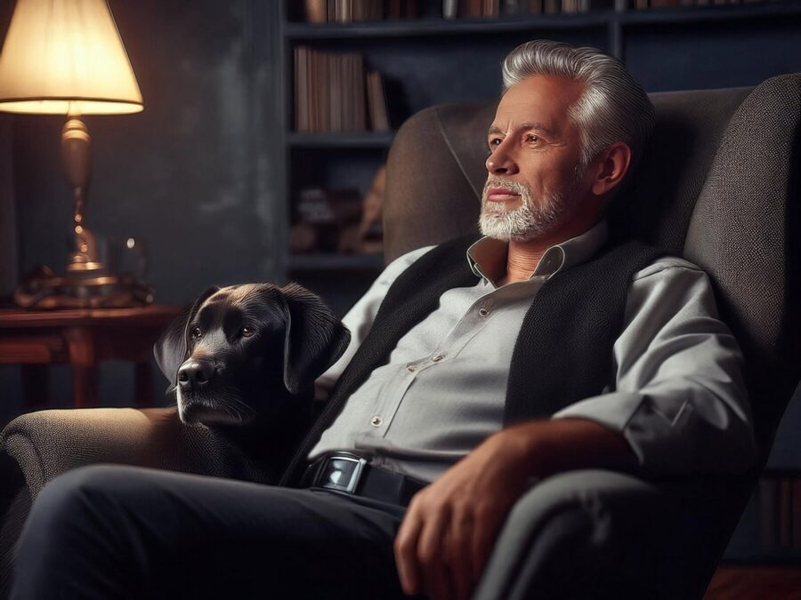 portrait of worried man with black dog