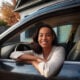 painting of woman sitting in driver's seat in a car
